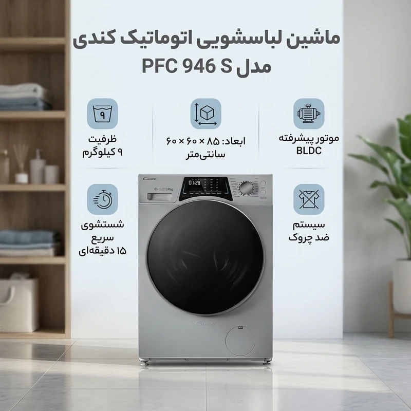 ماشین لباسشویی 9 کیلوگرم اتوماتیک کندی مدل PFC 946 S / رنگ نقره ای - Image 2