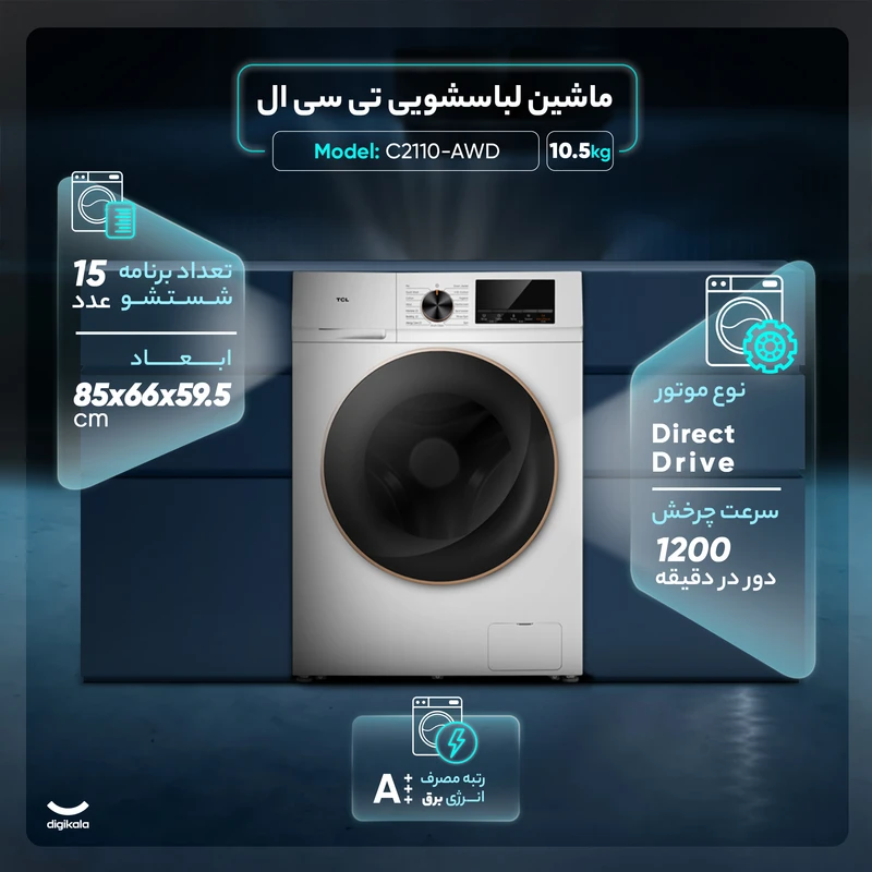 ماشین لباسشویی 10.5 کیلوگرم اتوماتیک تی سی ال مدل C2110-AWD / رنگ سفید - Image 2